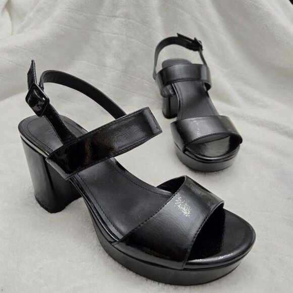 Kenneth Cole Reaction Women's Chic Sandal Black Patent Strappy Block Heel Sz 6.5 - Picture 1 of 9